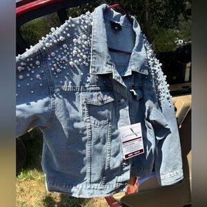 Pearl-Embellished Light Blue Denim Jacket - Casual Chic
